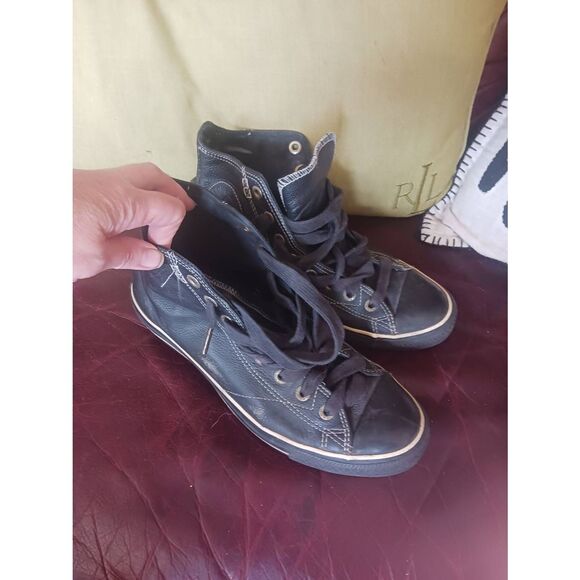 Chuck taylor converse all stars black leather 8.5 high top vintage - Picture 1 of 6